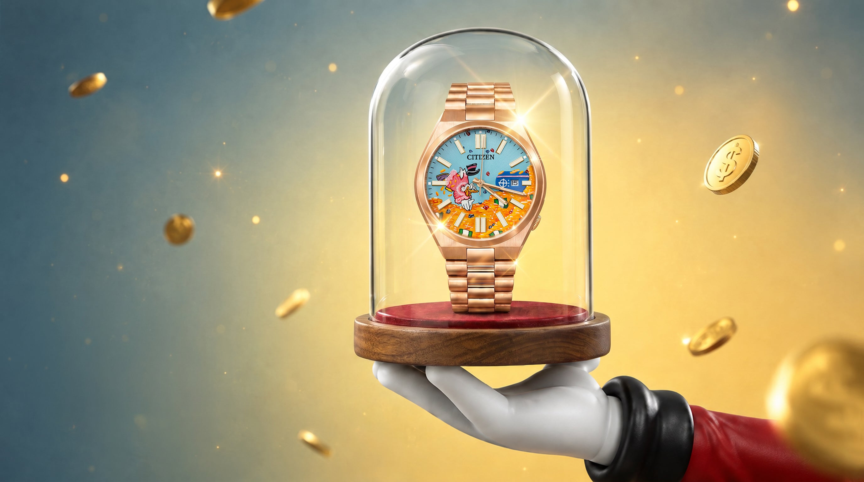 Citizen Tsuyosa Dive in Time — hand-painted bespoke watch with a headfirst dive into a vault of golden coins and gems on a rose gold case, by IFL Watches