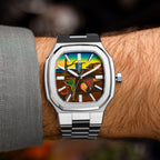 MAEN Manhattan Memento — Bespoke 37mm octagonal steel watch worn on the wrist, its hand-painted dreamlike landscape of soft watches and golden cliffs spread across the dial, customized exclusively by IFL Watches.