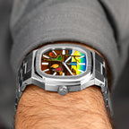 MAEN Manhattan Memento — Side profile on the wrist showing the octagonal steel case, crown and integrated bracelet links beneath the hand-painted custom dial, a bespoke timepiece by IFL Watches.