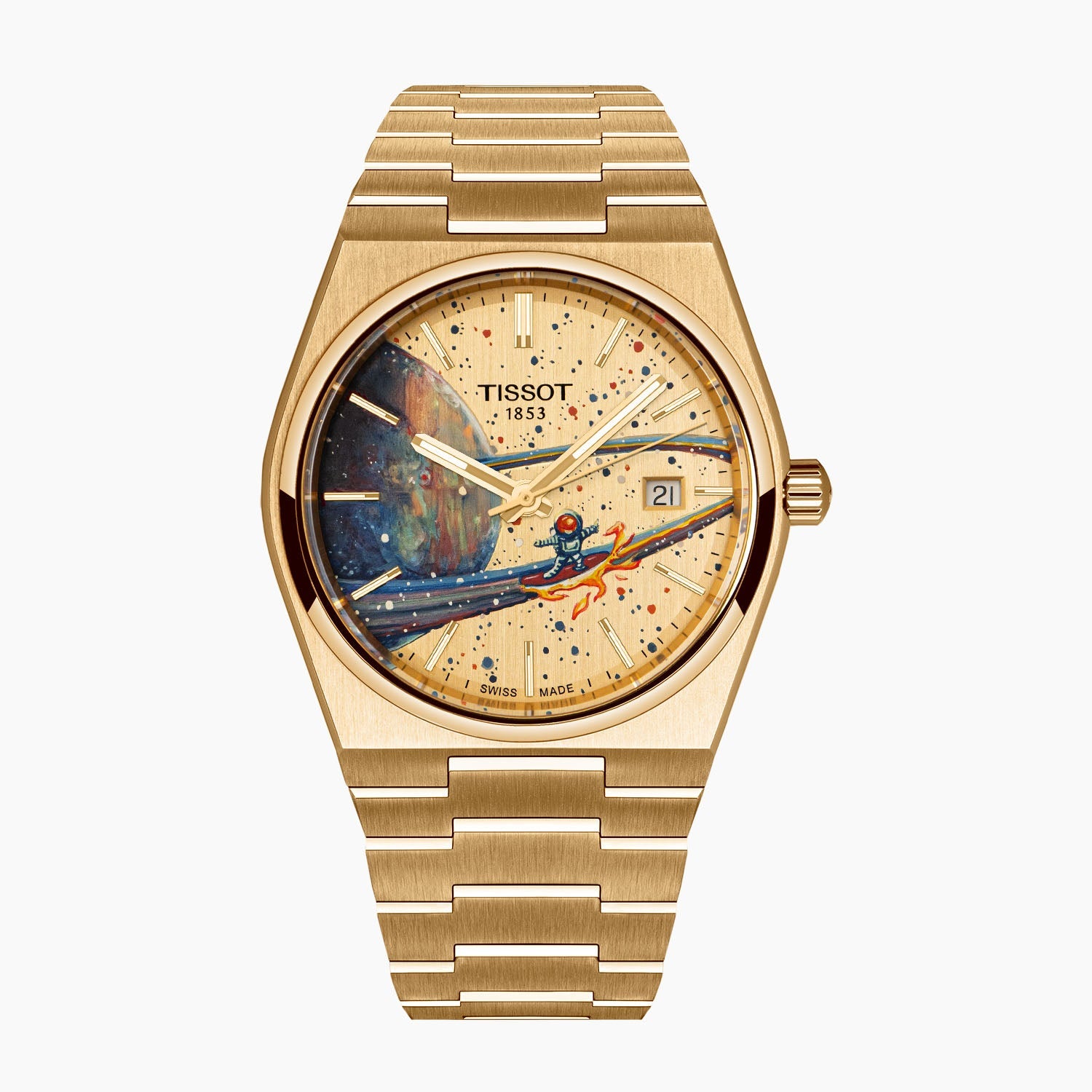 PRX Gold Surfer Concept—hand-painted custom dial with astronaut artwork on a gold-coated 40mm Tissot PRX by IFL Watches.