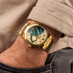 Festina Rive Space Ollie — Worn on the wrist and turned to show the bracelet, with a hand-painted planet and rider across the custom gold dial, a bespoke timepiece by IFL Watches.