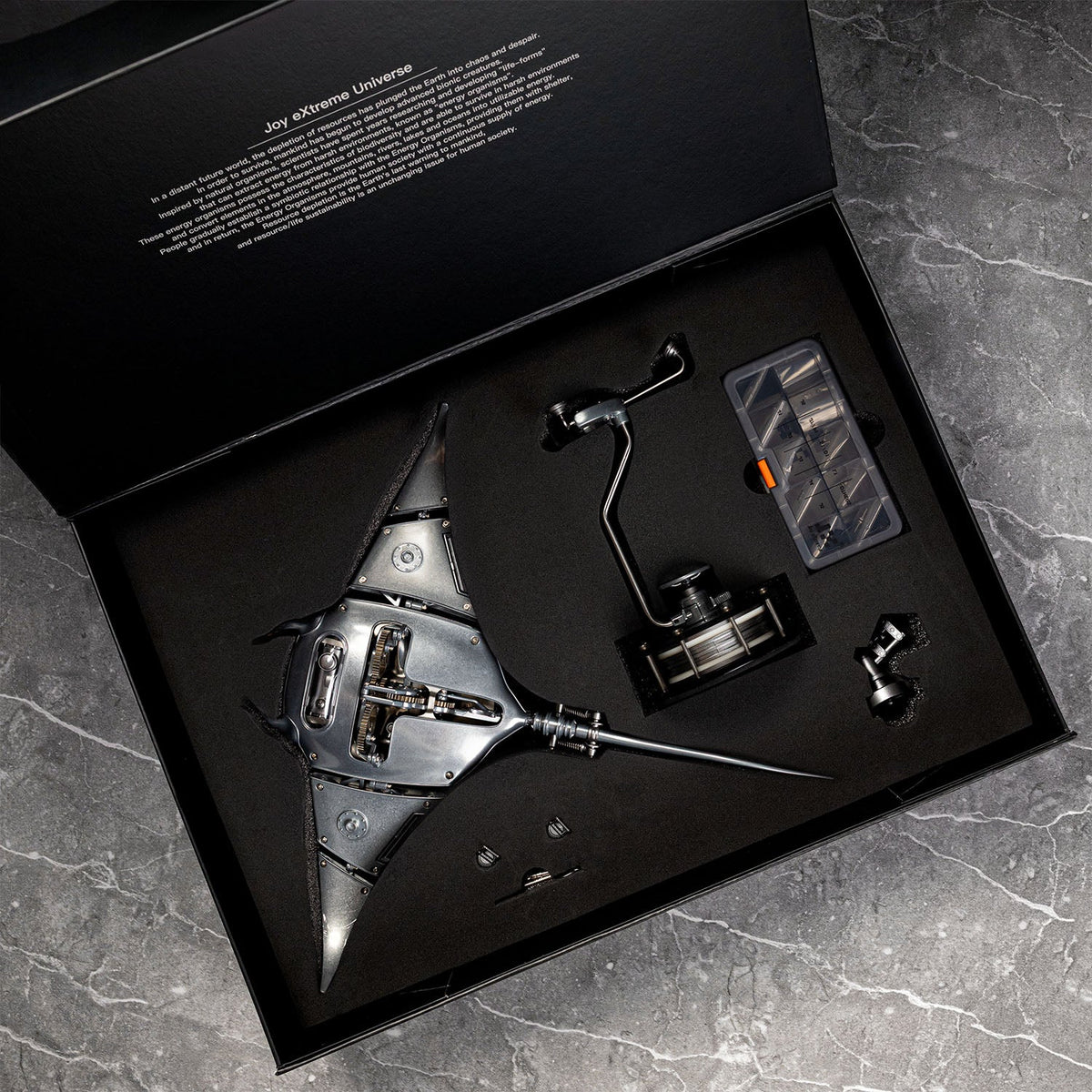 Mecha Ray Natural Metal — the pre-assembled version in its presentation case with stand column and parts tray, mechanical sculpture by IFL Watches.