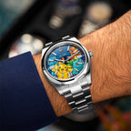 Dream Team Concept — Hand-painted bespoke timepiece featuring four colorful pop art figures rendered in glittering mosaic-tile style on a deep blue 41mm custom automatic dial by IFL Watches