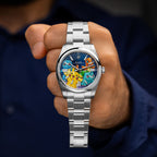 Dream Team Concept — Hand-painted bespoke timepiece featuring four colorful pop art figures rendered in glittering mosaic-tile style on a deep blue 41mm custom automatic dial by IFL Watches