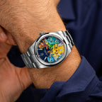 Dream Team Concept — Hand-painted bespoke timepiece featuring four colorful pop art figures rendered in glittering mosaic-tile style on a deep blue 41mm custom automatic dial by IFL Watches