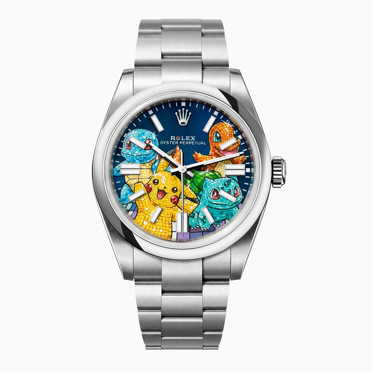 Dream Team Concept — Hand-painted bespoke timepiece featuring four colorful pop art figures rendered in glittering mosaic-tile style on a deep blue 41mm custom automatic dial by IFL Watches