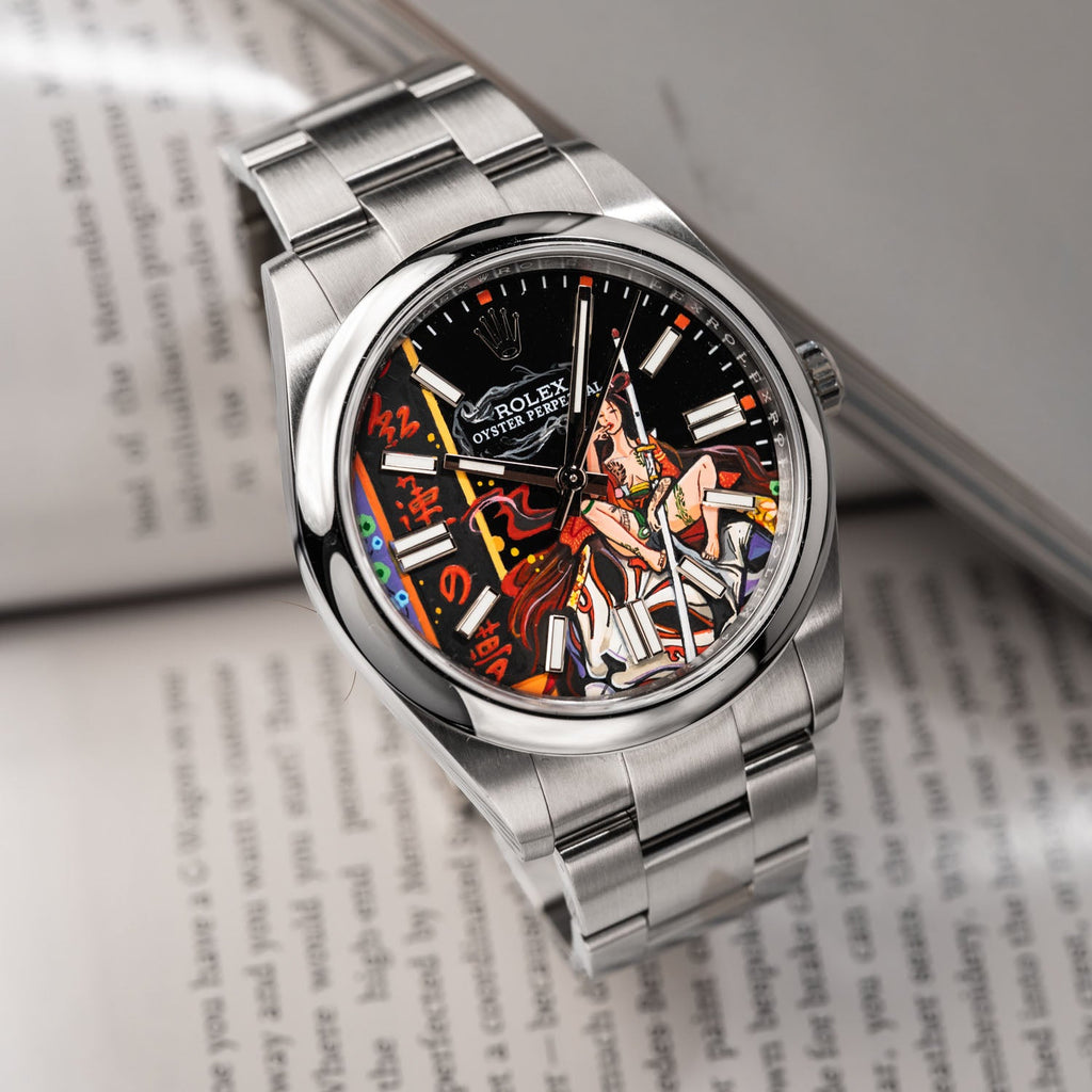 Crimson Lotus Concept — Hand-painted bespoke timepiece featuring a fierce kitsune fox spirit in flowing crimson fabric with Japanese kanji reading Crimson Lotus Dream on a custom 41mm stainless steel automatic by IFL Watches