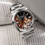 Crimson Lotus Concept — Hand-painted bespoke timepiece featuring a fierce kitsune fox spirit in flowing crimson fabric with Japanese kanji reading Crimson Lotus Dream on a custom 41mm stainless steel automatic by IFL Watches