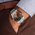 Crimson Lotus Concept — Hand-painted bespoke timepiece featuring a fierce kitsune fox spirit in flowing crimson fabric with Japanese kanji reading Crimson Lotus Dream on a custom 41mm stainless steel automatic by IFL Watches