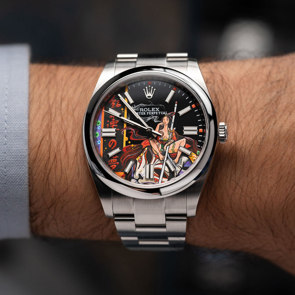 Crimson Lotus Concept — Hand-painted bespoke timepiece featuring a fierce kitsune fox spirit in flowing crimson fabric with Japanese kanji reading Crimson Lotus Dream on a custom 41mm stainless steel automatic by IFL Watches