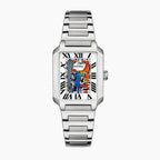 Festina Freedom 29 mm on wrist — hand-painted street-art dial featuring graffiti lettering and stencil figures on a rectangular stainless-steel case with integrated bracelet. Limited edition by IFL Watches.