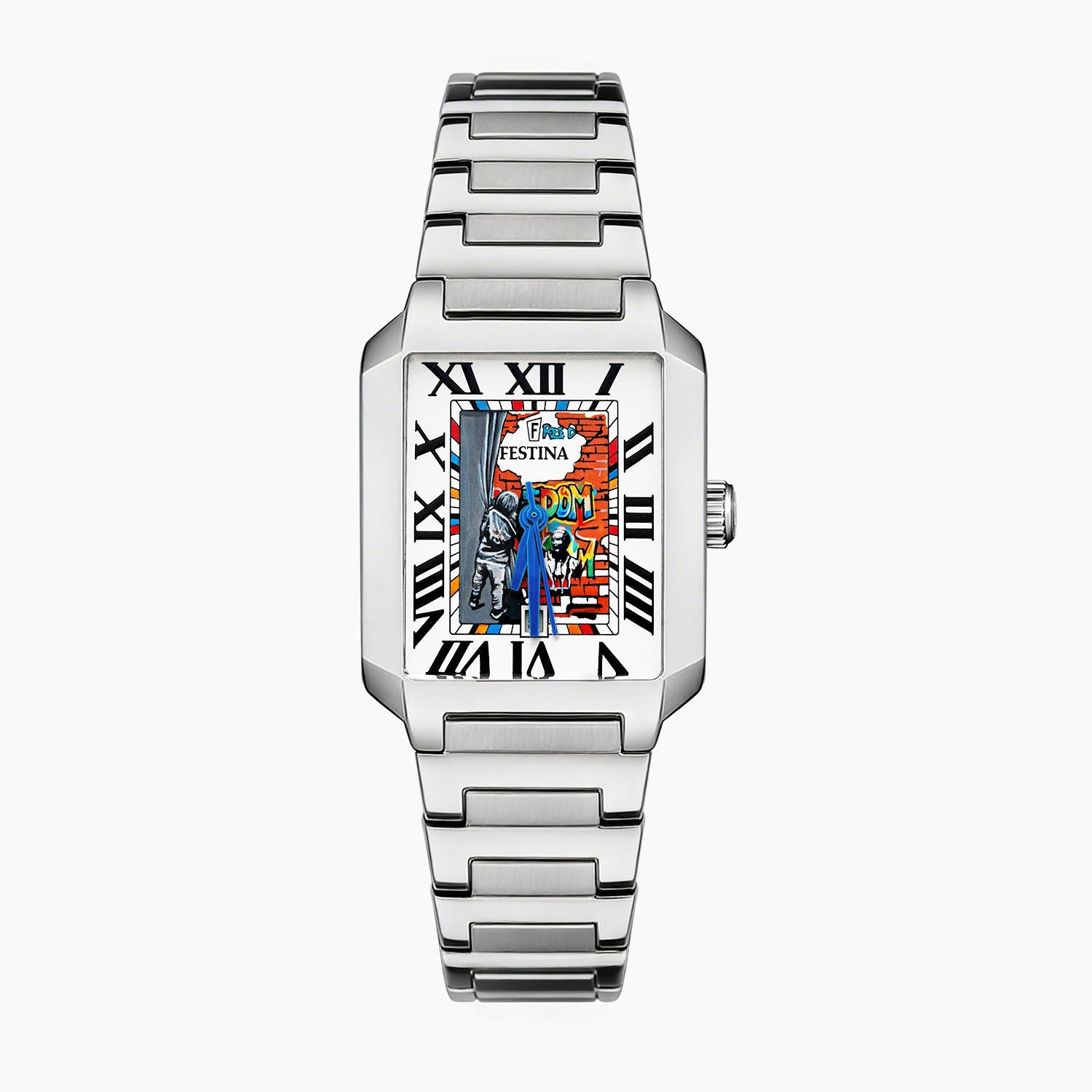 Festina Freedom 29 mm on wrist — hand-painted street-art dial featuring graffiti lettering and stencil figures on a rectangular stainless-steel case with integrated bracelet. Limited edition by IFL Watches.