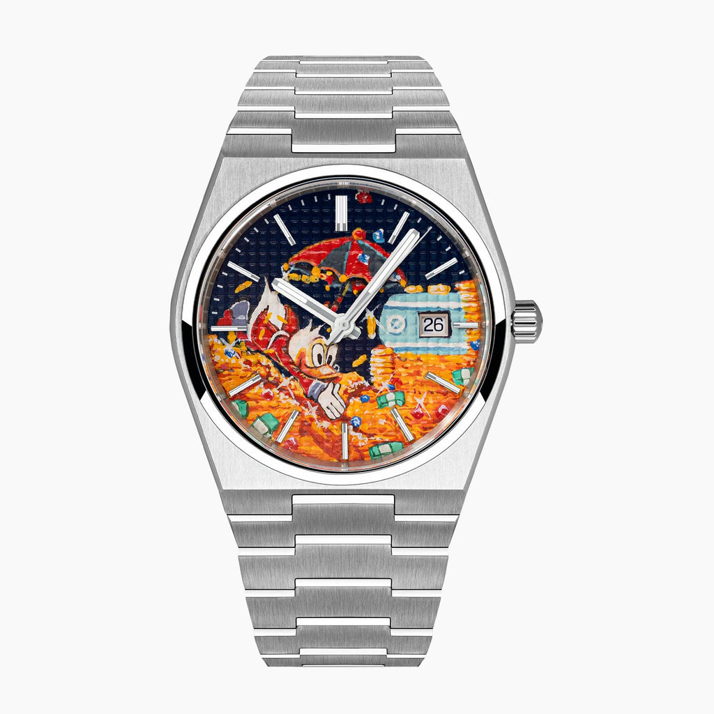 A Dive in Dime Concept – Hand-painted custom Tissot PRX Powermatic featuring treasure vault diving artwork, a bespoke timepiece by IFL Watches