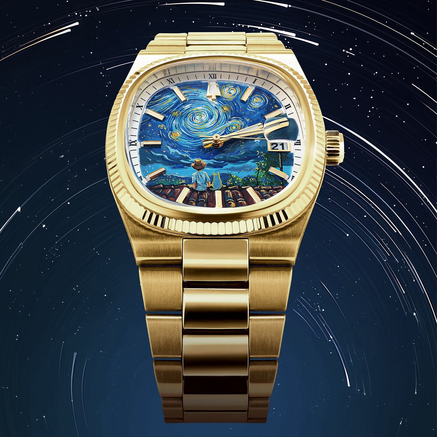 Bulova Super Seville Starry Night – Hand-painted custom Van Gogh inspired dial with rooftop scene on gold-tone 38mm case – Limited Edition bespoke timepiece by IFL Watches
