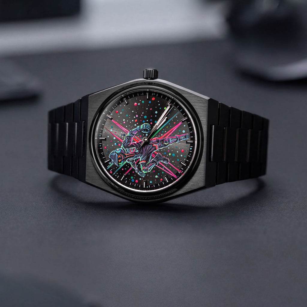 IFL Watches Canvax MK-01 – Hand-painted custom Canvax featuring neon steampunk soldier artwork, a bespoke timepiece by IFL Watches