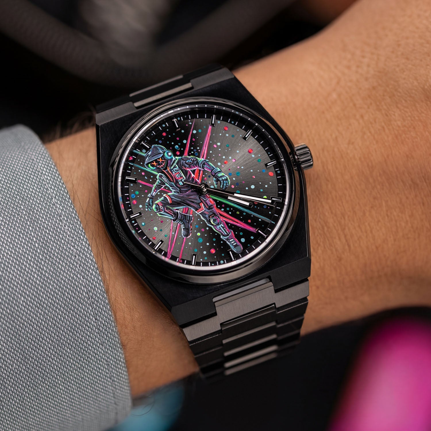IFL Watches Canvax MK-01 – Hand-painted custom Canvax featuring neon steampunk soldier artwork, a bespoke timepiece by IFL Watches
