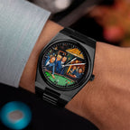 IFL Canvax Off the Record — Hand-painted custom Canvax featuring the world's most recognizable figures around a green billiard table in a warmly lit lounge, on a 40mm black matte automatic, a bespoke timepiece by IFL Watches.