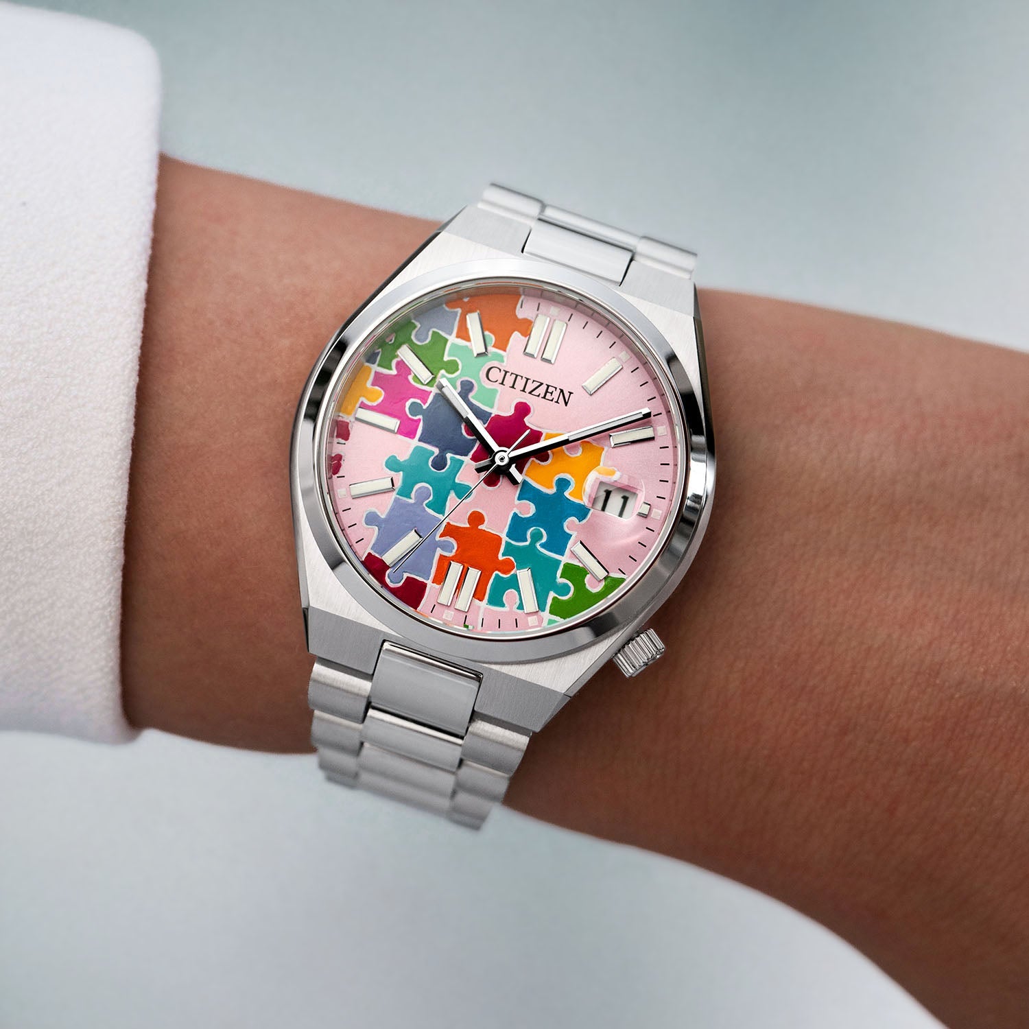 Citizen Tsuyosa 37 Puzzle – Hand-painted custom pastel pink dial with colorful puzzle artwork, limited edition timepiece by IFL Watches