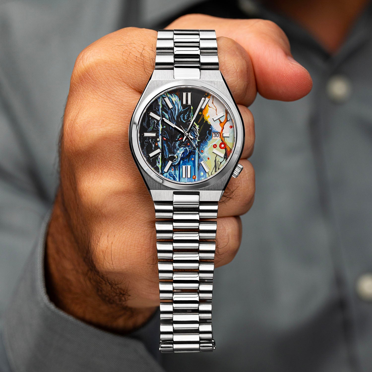 Citizen Tsuyosa 40 Le Loup – Hand-painted custom Citizen Tsuyosa 40mm with wolf artwork, a bespoke timepiece by IFL Watches