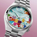 Citizen Tsuyosa 40 Puzzle – Hand-painted custom turquoise blue dial with colorful puzzle artwork, limited edition timepiece by IFL Watches