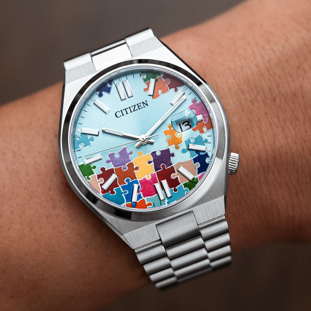Citizen Tsuyosa 40 Puzzle – Hand-painted custom turquoise blue dial with colorful puzzle artwork, limited edition timepiece by IFL Watches
