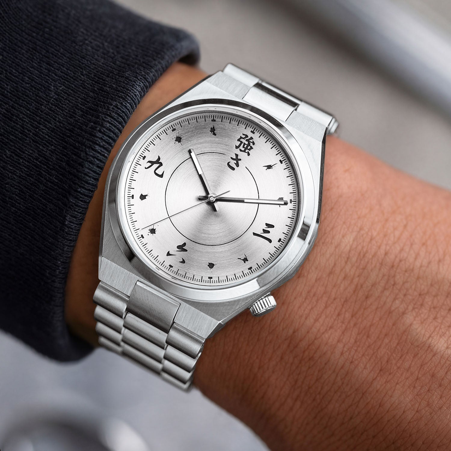 Citizen Tsuyosa Kanji on wrist — crown-side view showing the Kanji hour markers and concentric dial texture on a 40mm automatic with stainless steel bracelet, a custom timepiece by IFL Watches.