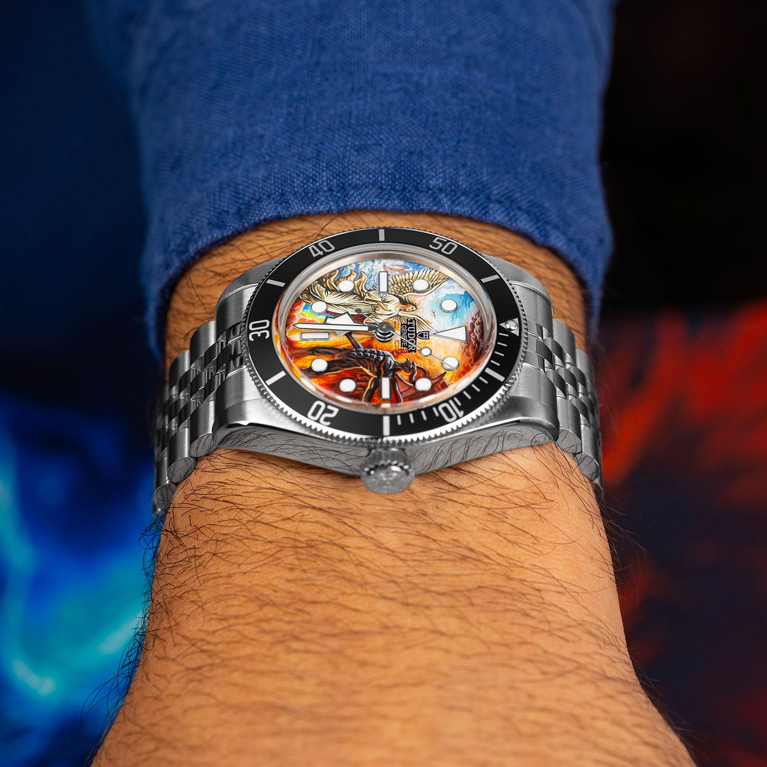 Divine Conflict Concept — Hand-painted custom Tudor Black Bay featuring angel and demon artwork, a bespoke timepiece by IFL Watches