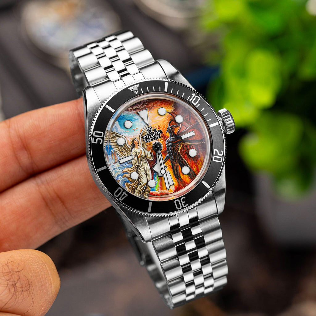 Divine Conflict Concept — Hand-painted custom Tudor Black Bay featuring angel and demon artwork, a bespoke timepiece by IFL Watches