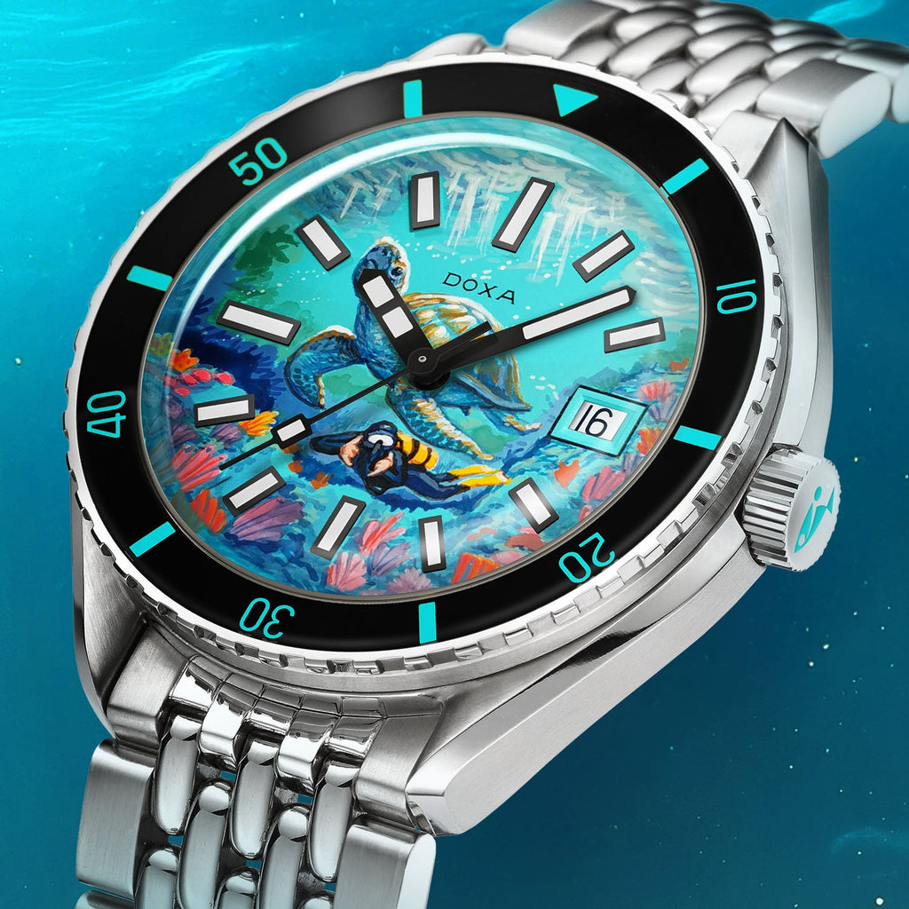 DOXA Aquamarine Reef Turtle – Hand-painted custom DOXA SUB 200 featuring sea turtle and diver artwork, a limited edition diver timepiece by IFL Watches