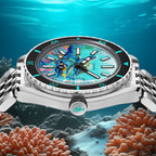 DOXA Aquamarine Reef Turtle – Hand-painted custom DOXA SUB 200 featuring sea turtle and diver artwork, a limited edition diver timepiece by IFL Watches
