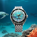 DOXA Aquamarine Reef Turtle – Hand-painted custom DOXA SUB 200 featuring sea turtle and diver artwork, a limited edition diver timepiece by IFL Watches