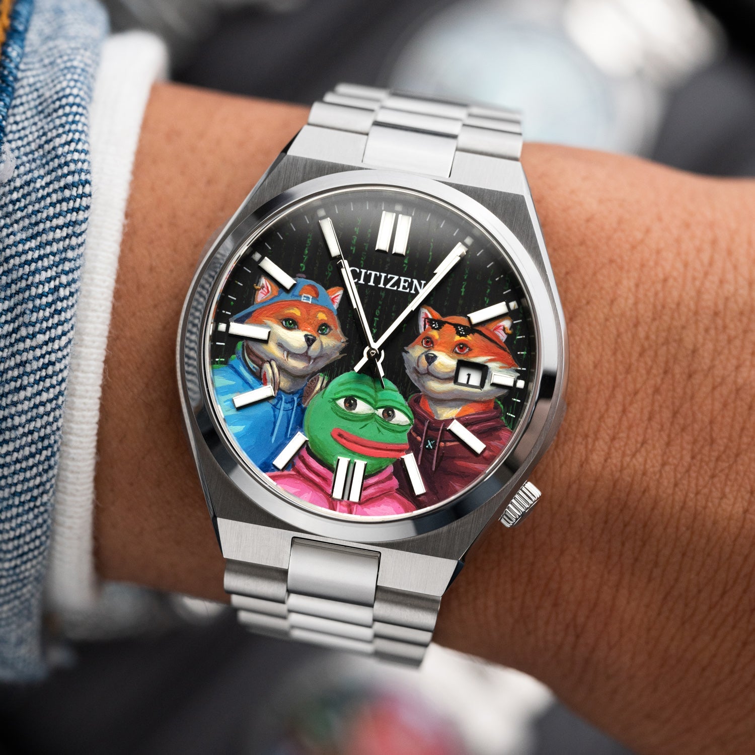 HODL Squad Citizen – Hand-painted custom Tsuyosa watch featuring Doge, Shiba Inu and PEPE meme coins artwork, bespoke timepiece by IFL Watches