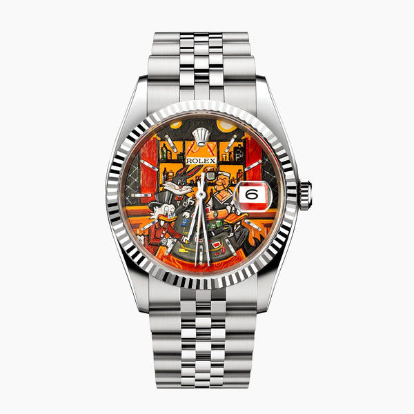 Late Night at the Bellagio Concept – Hand-painted custom Rolex Datejust 16234 featuring vibrant casino gaming artwork, a bespoke timepiece by IFL Watches