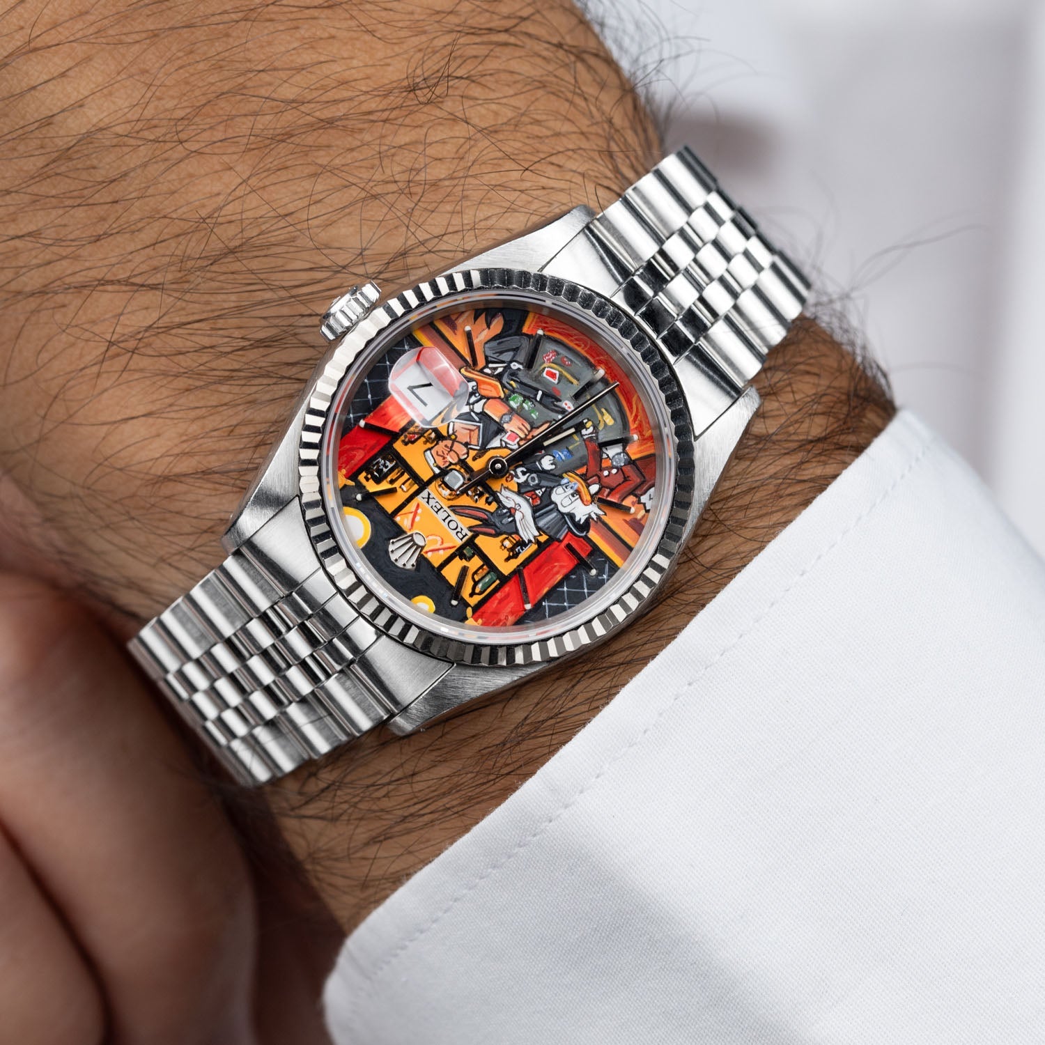 Late Night at the Bellagio Concept – Hand-painted custom Rolex Datejust 16234 featuring vibrant casino gaming artwork, a bespoke timepiece by IFL Watches