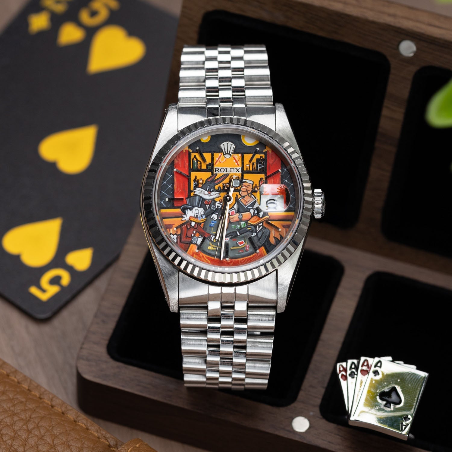 Late Night at the Bellagio Concept – Hand-painted custom Rolex Datejust 16234 featuring vibrant casino gaming artwork, a bespoke timepiece by IFL Watches