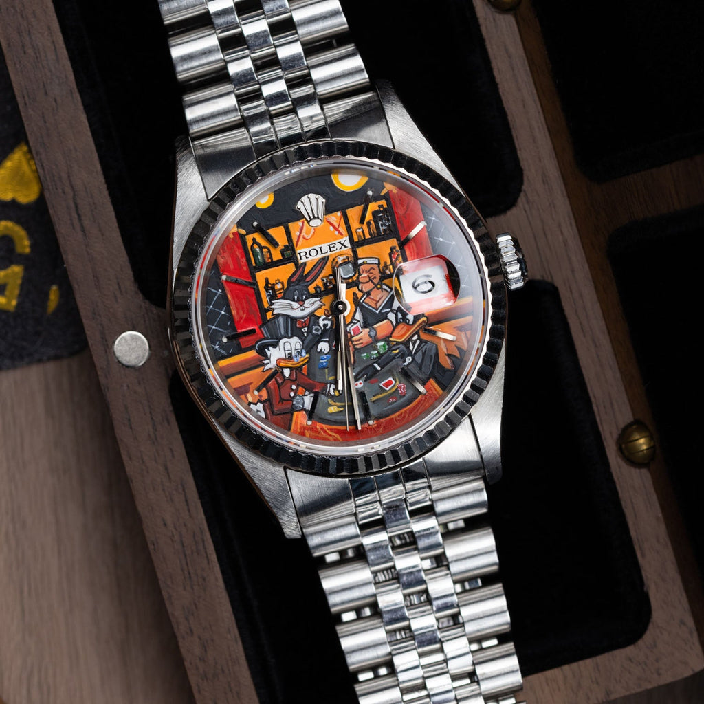 Late Night at the Bellagio Concept – Hand-painted custom Rolex Datejust 16234 featuring vibrant casino gaming artwork, a bespoke timepiece by IFL Watches