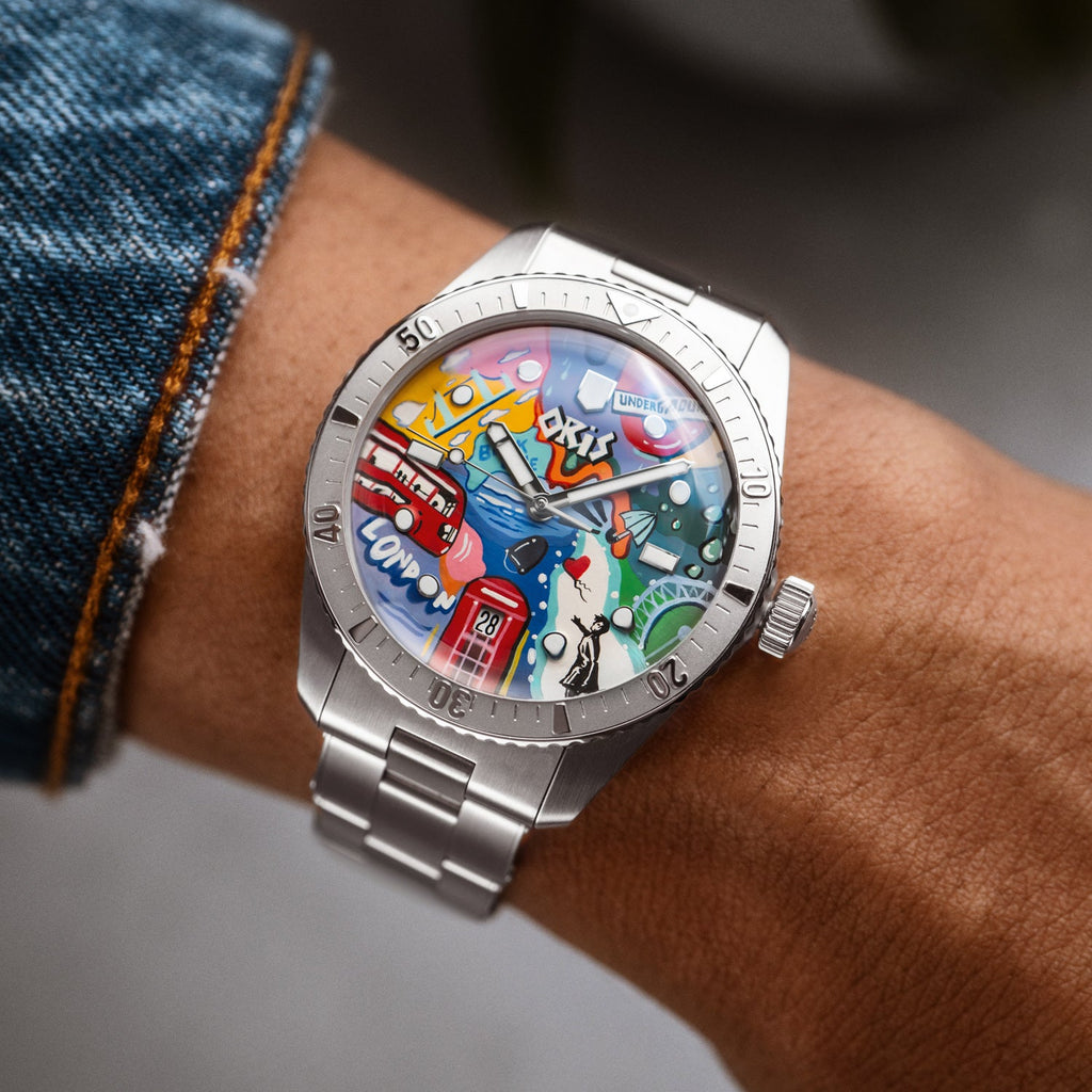 Oris Diver 65 Spray Britannia – Hand-painted custom Oris Divers Sixty-Five 38mm featuring London street art with British icons, bespoke timepiece by IFL Watches