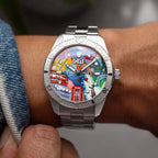 Oris Diver 65 Spray Britannia – Hand-painted custom Oris Divers Sixty-Five 38mm featuring London street art with British icons, bespoke timepiece by IFL Watches