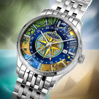 Perrelet Weekend GMT Atlas — hand-painted dial with a central compass rose ringed by wonders of the world on a 39mm stainless steel case and bracelet, limited edition timepiece by IFL Watches.