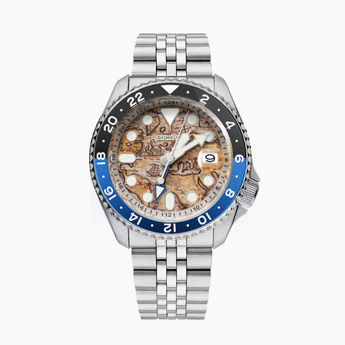Explorer Concept – Hand-painted custom Seiko 5 GMT featuring ancient map artwork, a limited edition bespoke timepiece by IFL Watches