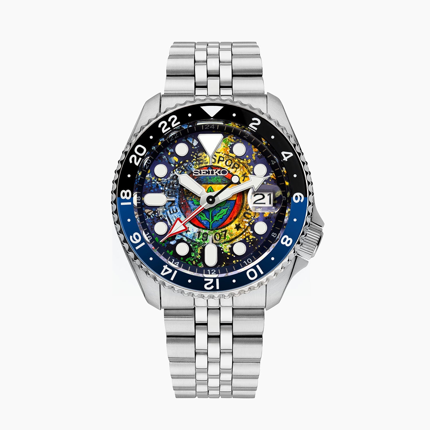 Sarı Kanaryalar Concept – Hand-painted custom Seiko 5 Sports GMT featuring Turkish football artwork in yellow and blue, a bespoke timepiece by IFL Watches