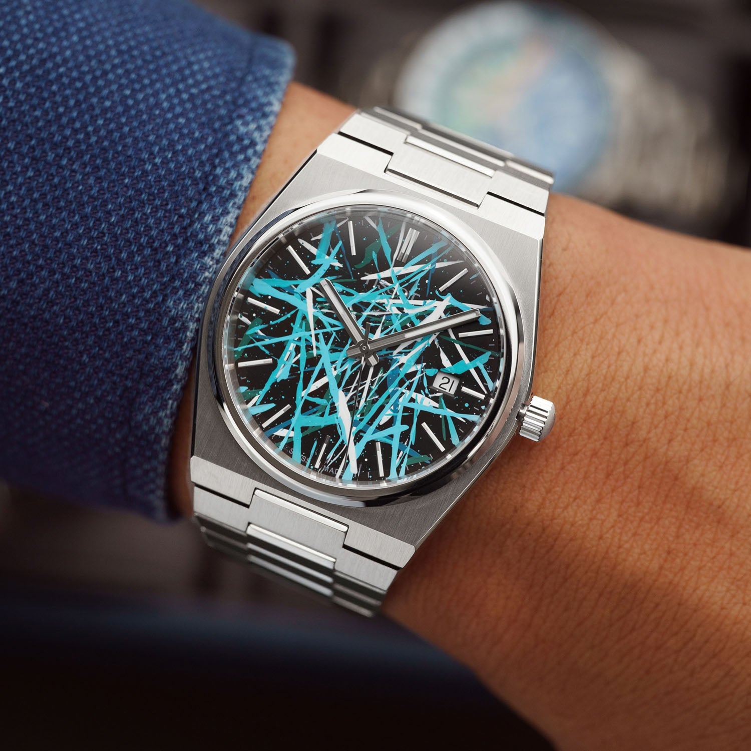 PRX Tiffany Freak Concept - Turquoise chaos abstract artwork on hand-painted Tissot PRX dial, limited edition by IFL Watches