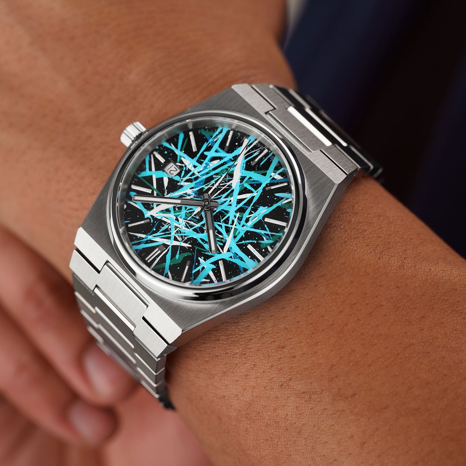 PRX Tiffany Freak Concept - Turquoise chaos abstract artwork on hand-painted Tissot PRX dial, limited edition by IFL Watches