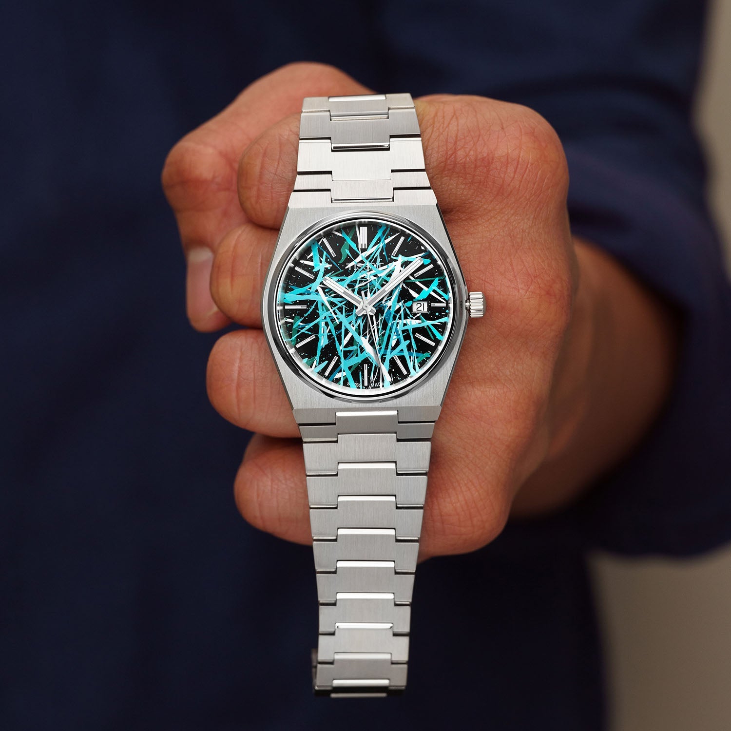 PRX Tiffany Freak Concept - Turquoise chaos abstract artwork on hand-painted Tissot PRX dial, limited edition by IFL Watches