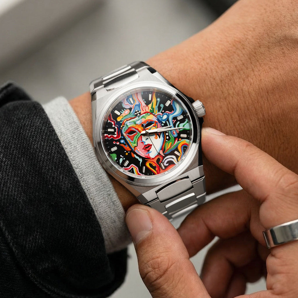 Venezianico Arsenale Arlecchino on wrist - Hand-painted Venetian carnival mask on black dial, limited edition customized watch by IFL Watches