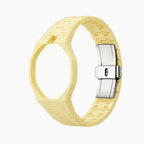 Blaue Acht Swatch × AP Royal Pop Ceramic Case-Strap — bare lime green with a light-blue bezel ceramic bracelet with empty case bracket, front view, by IFL Watches