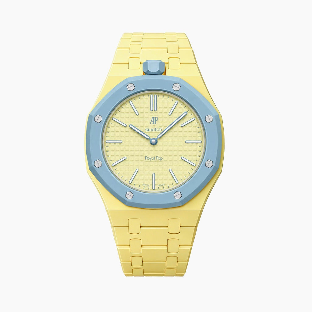 Blaue Acht Swatch × AP Royal Pop Ceramic Case-Strap — lime green with a light-blue bezel kit with the Royal Pop head seated in the case, by IFL Watches
