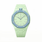 Blaue Acht Swatch × AP Royal Pop Ceramic Case-Strap — lime green with a light-blue bezel kit with the Royal Pop head seated in the case, by IFL Watches