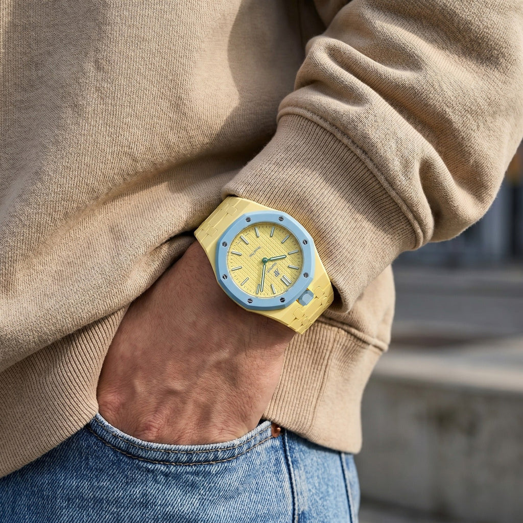 Blaue Acht Swatch × AP Royal Pop Ceramic Case-Strap — worn in a pocket scene, by IFL Watches