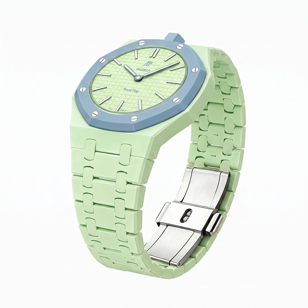 Blaue Acht Swatch × AP Royal Pop Ceramic Case-Strap — the Royal Pop Blaue Acht seated in our ceramic kit, three-quarter view, by IFL Watches